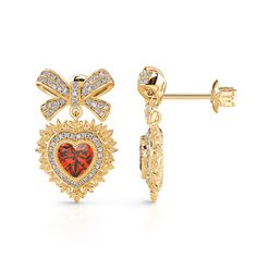 These charming stud earrings feature a vivid red heart-shaped cut stone as the centerpiece, symbolizing love and passion. At the top, a graceful bow crafted from lustrous gold adds a whimsical and elegant element to the design.The exquisite detailing of the bow and the rich hue of the heart-shaped stone make these earrings a timeless addition to your collection.Carat Weight: 0.79 ctStone Size: 4*4 mmStone Type: Jeulia® StoneNumber of Stones: 2 Stone Shape: HeartStone Color: Garnet RedCarat Weigh Silver Earrings Online, Delicate Earrings, Online Earrings, Anniversary Sale, Red Heart, Quality Jewelry, Beautiful Earrings, Sterling Silver Earrings, Garnet