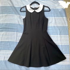 Brand New Never Worn, Tags Cut Off Fit And Flare Dress From Necessary Objects Classic Silhouette With White Collar Perfect For A Wednesday Addams Look Or Halloween Costume Pilgrim Style Cute Girly Little Black Dress No Size Tag As This Was Used A Sample - But I Included Measurements I Am Assuming This Fits Like A S/M But Please Check Measurements In Photos Fitted Party Dress With Peter Pan Collar, Black Summer Dress With Peter Pan Collar, Black Peter Pan Collar Party Dress, Wednesday Addams, White Collar, Fit And Flare Dress, Cut Off, Flare Dress, Fit And Flare