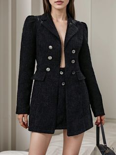 Lasaky - Classic Monochrome Coat with Waist-cinching Skirt Knee-length Bottoms With Buttons For Winter, Elegant Winter Bottoms With Buttons, Casual Black Knee-length Outerwear, Black Winter Bottoms With Buttons, Black Knee-length Outerwear For Office, Lapel Coat, Outer Jacket, Tie Skirt, Tie Waist Dress