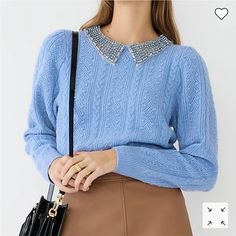 Pointelle Cable-Knit Crewneck With Beaded Collar Item: Bm205 Color: Pale Seascape Size: X-Small, Small Blue Striped Top, Linen Sweater, Beaded Collar, Anorak Jacket, Jcrew Women, Fair Isle Sweater, Cotton Pullover, Ribbed Knit Sweater, Merino Wool Sweater