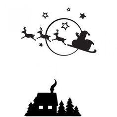 the silhouette of santa claus on his sleigh with reindeers flying above him