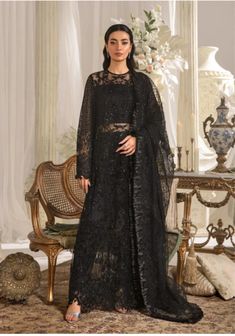 Evara By Elaf Embroidered Net Suit Unstitched 3 Piece EFE-05 MAJESTY- Formal Collection | Latest Pakistani Punjabi Suits Salwar Suits Designers Wear Embellished Sleeves, Modest Girl, Net Design, Pakistani Dress Design, Net Dupatta, Pakistani Designers, 3 Piece Suits, Casual Wedding, Fabric Stores Online