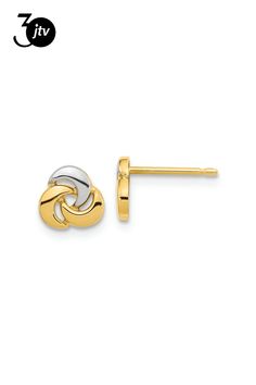 14K yellow gold and rhodium over 14K yellow gold polished knot stud earrings. Measure approximately 1/4"L x 1/4"W and have push backings. Knot Stud Earrings, Knot Studs, Gold Polish, Knot, Yellow Gold, Stud Earrings, Yellow, Gold