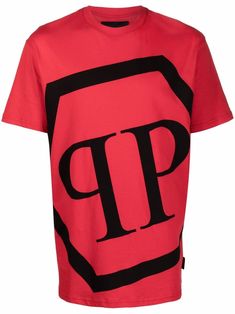 red cotton all-over logo print logo patch to the rear round neck short sleeves straight hem