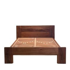 a bed frame made out of wood with no headboard