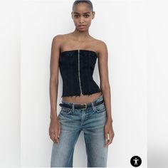 Zara Corset Style Denim Top Size S New Black Denim Corset, Denim Bustier, Wrap Top Blouse, Leather Bustier, Black Sheer Blouse, Estilo Denim, Embroidered Tunic Top, Denim Corset, White Bodysuit