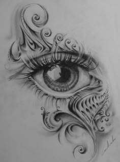 a drawing of an eye with swirls and waves on it's side, as if