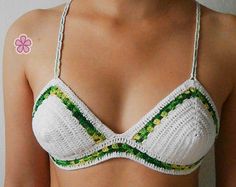 Crochet bikini top with thick lacy straps by AkariCrochetPatterns Swimwear Crochet, Tops Pattern, Crochet Maxi Skirt, Top Crochet Pattern, Granny Square Crochet Patterns Free, Art Crochet, Crochet Swimwear