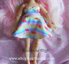 A beautiful short and fluid dress, with a bustier with a mermaid neckline and a skater skirt. The fabric has a pattern of horizontal stripes in the colors of the rainbow and white, dotted with red hearts. This pattern was created by me and the fabric is made exclusively for my store! This dress is the ideal base for creating all kinds of looks: spring, summer, beach, garden, tea time or even a date night.  Closes with a velcro sewn in the back. The bustier is held in place thanks to the elastic Rainbow High Dolls, Patterns For Fashion, High Clothes, Princess And The Pauper, Silver Skirt, Queen Outfit, Beach Garden, Purple Mermaid, Sparkle Top