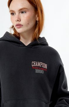 PacSun exclusive! Get ready to cozy up in style with the Champion x PAC 1980 Pacific Sunwear Hoodie. This hoodie features an attached hood, convenient kangaroo front pocket, and dropped shoulders for a relaxed fit while boasting Champion x PacSun graphics at the left chest and back for a touch of retro-inspired flair that's perfect for any casual outing.


	Solid color hoodie
	Long sleeves
	Dropped shoulders
	Attached hood
	Champion x PacSun graphics
	Kangaroo pocket
	Ribbed cuffs and hem
	82% cotton, 18% polyester
	Machine washable
	Model is wearing a size medium
	Model measurements: 5’8” height, 30.5” bust, 24.5” waist, 35.5” hips Pacific Sunwear, Just Style, Women Hoodies Sweatshirts, Embroidery Logo, Pacsun, Retro Inspired, Model Measurements, Long Sleeve Hoodie, Kangaroo Pocket