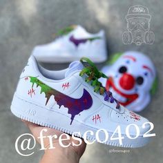 TURN AROUND TIME 8 WEEKS. All customs are made to order with free shipping. Nike Af1's are supplied and are 100% authentic. All my customs are wearable. My custom process consist of shoe prep, hand paint/airbrush, and a clear coat. No international orders at this time. US only. No refunds, only order cancelations are acceptable. Sizes are listed as US MENS. Any questions about sizes or shipping, email me @ midwestfresco@gmail.com , Follow my Instagram @fresco402 for more content. Joker Air Force 1, Barney Costume, Joker Custom, Custom Nike Air Force 1, Custom Sneakers Diy, Custom Nike Air Force, Custom Nike Air, Custom Jordans, Nike Air Force 1s