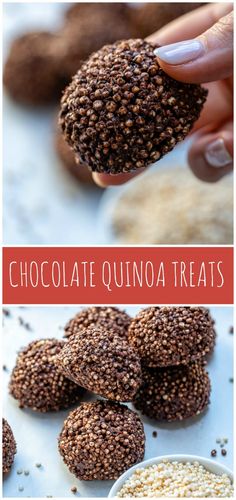 chocolate quinoa treats are being held up by a hand with the words, chocolate quinoa treats