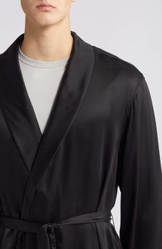 This silk robe is thermoregulating, breathable and perfect for lounging—best of all, it can go in the washing machine. Shawl collar Long sleeves Side-seam pockets Removable tie belt 100% silk Machine wash, dry flat Imported Fitted Silk Robe For Daywear, Silk V-neck Robe For Loungewear, Luxury Silk Long Sleeve Sleepwear, Luxury Long Sleeve Silk Sleepwear, Silk Fitted Robe For Loungewear, Fitted Silk Robe For Loungewear, Classic Long Sleeve Robe For Loungewear, Fitted Silk Sleepwear With Long Sleeves, Fitted Silk Long Sleeve Sleepwear