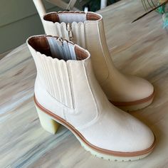 Natural Tone Rubber Lug Sole Anastasia Boots By Oasis Society Faux Leather Uppers Inside Zip And Elastic Gussets On Both Sides Nicely Padded Insole 3.5” Heel 1” Platform 5” Shaft Size 7.5 New With Tags Chelsea Ankle Boots, Lug Sole, Heeled Boots, Oasis, Chelsea, Leather Upper, Ankle Boots, Faux Leather, Size 7