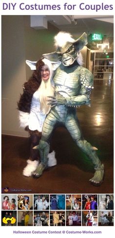 two people in costumes standing next to each other on a wooden floor and one is dressed as a creature