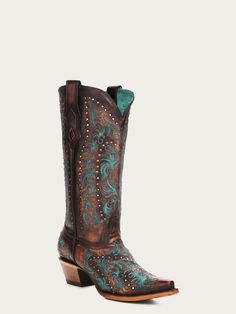 copper embroidery and studs women's boots C3973 – Corral Boot Company LLC 55 Birthday, Rugged Leather, Nashville Trip, Corral Boots, Boot Companies, Delicate Embroidery, Heel Caps, Lasercut Design, Intricate Embroidery