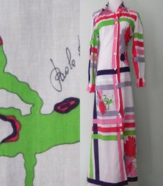 "'Stairway to heaven dress' An amazing designer maxi dress circa 1975. Paola Davitti was from Florence Italy and designed her own fabrics in vibrant colours, very similar to that of Emilio Pucci. \"The prints are concentrated in specific areas, rather than being spread throughout the dress, and they are pretty and casual, rather than abstract.\"-Paola Davitti. A highly sought after designer for fashion collectors. This one is not to be missed. Features colourful design with Paola's signature thr 1970s Style White Maxi Dress, 1970s Style Multicolor Maxi Dress, 1970s Fitted Multicolor Maxi Dress, 1970s Style Fitted Multicolor Maxi Dress, 1970s Style Long Sleeve Maxi Dress For Summer, Funky Dresses, Designer Maxi Dress, Rainbow Dress, Maxi Robes