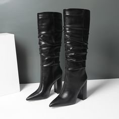 Shop Black Chunky Heel Womens Slouchy Boots Knee High Boots with Pointy Toe color Black for Dancing Club, School, Travel, Work with worldwide Free shipping & Free return. High Shaft Mid-calf Boots For Fall Parties, High Shaft Mid-calf Boots For Party In Fall, Winter Party Mid-calf Boots With High Shaft, Fall Party Knee-high Boots With Pointed Toe, Pointed Toe Knee-high Boots For Night Out In Winter, Winter Party Boots In Faux Leather, Tall Winter Boots With Pointed Toe, Winter Party Knee-high Boots For Wide Calves, Trendy High Shaft Boots For Party