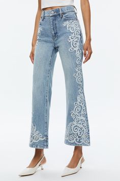 Find ALICE + OLIVIA Beautiful Embroidered Cropped Bell Jean on Editorialist. Description A signature A+O fit, our Beautiful jean features a wide leg, mid rise and button front closure. The cropped length adds a modern touch to the faded denim and embroidered detailing, which lends just the right amount of vintage vibes. Details Wide leg jean High rise Embroidered Cropped Exaggerated hem Belt loops Front button and zipper closure 98% cotton,2% elastane Turn inside out and machine wash on cold Imp Bell Jeans, Animal Print Jeans, Flare Denim Jeans, Embellished Jeans, Printed Jeans, Cut Off Jeans, Faded Denim, Denim Flares, Cut Work