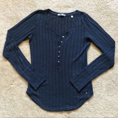 Super Cute Knit Top. Dark Navy Color. Really Light But Very Very Soft Fabric. Never Worn But No Tags Because I Did Wash Check The Photos For The Details! :) Cozy Navy Tops For Fall, Blue Pointelle Knit Top For Fall, Casual Fine Knit Tops For Winter, Blue Textured Knit Long Sleeve Top, Blue Pointelle Knit Tops For Layering, Navy Ribbed Long Sleeve Top, Navy Long Sleeve Ribbed Top, Casual Navy Tops For Winter, Navy Knit Tops For Winter