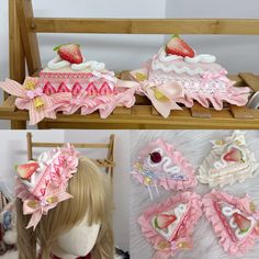 Original homemade Lolita element Cut cake Hat Dessert Lolita style handmade headwear Strawberry hair Strawberry Kawaii Outfit, Miku Strawberry Dress, Kawaii Strawberry Accessories, Hime Gyaru Hair Accessories, Yume Kawaii Hair Accessories, Cake Hat, Strawberry Hair, Dessert Toppings, Lolita Fashion