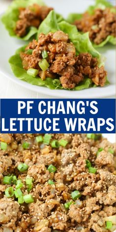 lettuce wraps with ground meat and green onions on top are shown in three different pictures