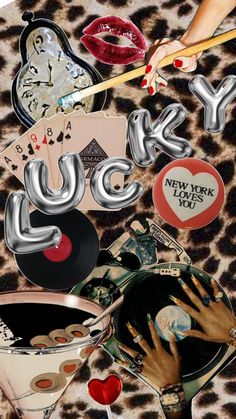 the words lucky are surrounded by images of women's hands and various things in them