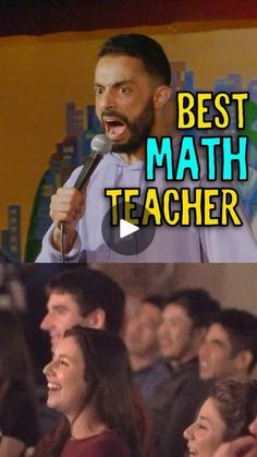 two pictures with the words best math teacher and an image of a man holding a microphone