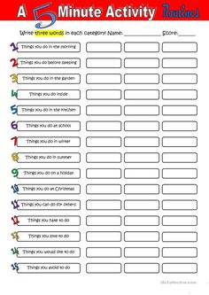 a five minute activity sheet for kids to practice numbers and spelling the word's