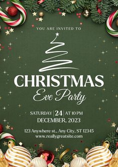 christmas eve party flyer with ornaments on green background