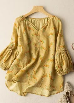 Loose Yellow V Neck Print Patchwork Cotton Shirts Bracelet Sleeve Bracelet Sleeve, Linen Top Women, Half Sleeve Tops, Blouse Short Sleeve, Stylish Dress Book, Oversized Dress, Cotton Shirts, Loose Shirts, Linen Blouse