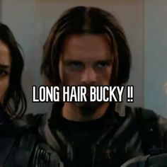 two people with long hair and the words'long hair bucky'in front of them