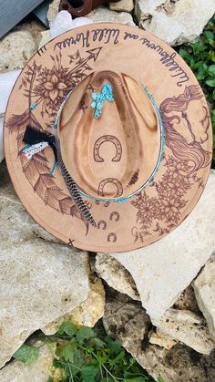 Wildflowers & Wild Horses | Hand Burned Ranchers Style Made to Order Handcrafted Wedding Customizable Cowgirl Rodeo Hat by TheVelvetFoxHatCo on Etsy Burnt Hat, Rodeo Hat, Lainey Wilson, Cowgirl Rodeo, Hand Burn, Rancher Hat, Painted Hats, Wild Free, Hat Ideas