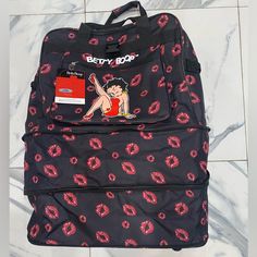 Large Berry, Boop Travel Bag With Wheels Trendy Black Bags For Trip, Trendy Black Bag For Trip, Betty Boop, Travel Bag, Travel Bags, Black Red, Berry, Black And Red, Bag Lady