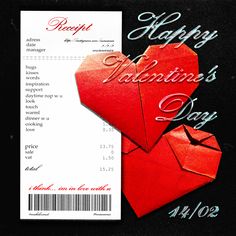 a valentine's day coupon with two red hearts on it and the words happy valentine's day written in cursive