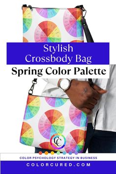 a person holding a colorful purse with the words, stylish cross body bag spring color palette