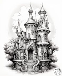 Free printable coloring page sheets. Fairy House Drawing, Drawing Mermaid, Easy Pencil Drawings, Castle Coloring Page, Drawing Heart, Drawing Dragon, Surrealism Drawing, Spooky Castles, Magical Design