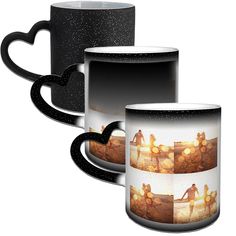 two black and white coffee mugs with pictures of people in the sunset on them