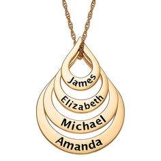 Goldtone Sterling Silver Nesting Teardrop Names Necklace - 4 Names Featuring elegantly nesting stations, this personalized necklace makes a lovely gift for yourself or for a loved one on special days, or any day at all. Design Information Sterling silver pendant 4 nesting, open, teardrop-shaped stations 4 engraved names of your choice on surfaces, one on each station Personalized Teardrop Necklaces For Mother's Day, Personalized Teardrop Necklace For Mother's Day, Personalized Drop Jewelry For Anniversaries, Personalized Drop Jewelry For Anniversary, Personalized Teardrop Pendant Necklace For Anniversary, Gold Evil Eye Necklace, 14k Gold Initial Necklace, Elephant Charm Necklace, Names Necklace