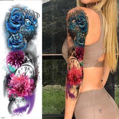 a woman with tattoos on her arms and shoulder, next to an image of flowers