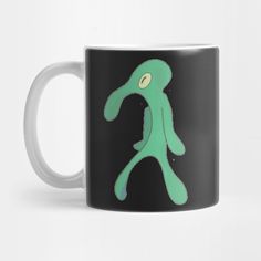 a black and green coffee mug with an alien figure on it