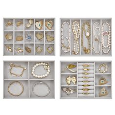 four boxes filled with different types of jewelry