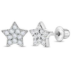 Adorable cubic zirconia cluster star earrings for little girls. Beautifully crafted entirely in 925 sterling silver, these gorgeous star CZ studs will brighten your little one's face! These cute girl's earrings are hypoallergenic and completely safe for children with sensitive ears. The threaded safety backs and posts are ideal to ensure you're little one's earrings stay comfortably and safely in place at all times.  A complimentary gift box is included for easy gift giving! Comedy Photoshoot, Sterling Silver Star Earrings, Bracelet Gift Box, Silver Star Earrings, Drink Photography, Sparkling Stars, Kids Earrings, Childrens Jewelry, Girls Earrings