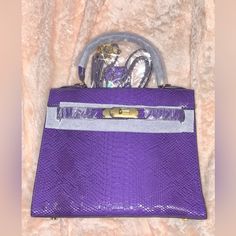 Designer Purple Croc Style Handbag, W Strap-Handbag-Shoulder Bag Or Crossbody 12.5” Tall 11” Wide 5” Deep Luxury Purple Rectangular Bag, Purple Bag With Detachable Handle, Purple Bags With Detachable Handle, Luxury Purple Satchel With Handles, Purple Handheld Travel Bag, Luxury Purple Bag With Top Carry Handle, Luxury Purple Tote Shoulder Bag, Purple Shoulder Box Bag For Shopping, Luxury Purple Bags For Everyday Use