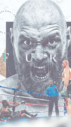 a man standing in front of a giant poster of a wrestler and two men on the ground