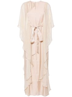 light beige cotton blend satin finish draped design ruffled trim V-neck front tie fastening concealed rear zip fastening contrasting-fabric sleeves three-quarter length sleeves straight hem ankle-length Feminine Silk Dress With Draped Sleeves, Beige Kaftan For Spring Daywear, Elegant Kaftan For Summer Daywear, Elegant Summer Kaftan For Daywear, Elegant Daywear Dresses With Kimono Sleeves, Elegant Beige Dress With Kimono Sleeves, Elegant Maxi Length Daywear Kaftan, Elegant Beige Draped Dress, Elegant Dresses With Kimono Sleeves For Daywear