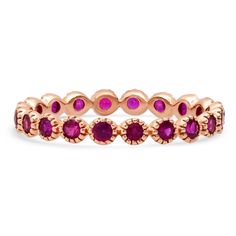 Delicate Gemstone Fleurette Stacking Eternity Band Ring Yellow Gold Ruby Eternity Band Stackable, Ruby Eternity Band In Yellow Gold Stackable, Stackable Ruby Eternity Band In Yellow Gold, Rose Gold Ruby Ring With Halo, Yellow Gold Ruby Eternity Band, Stackable Ruby Ring In 14k Rose Gold, Stackable Ruby Eternity Band With Round Cut, Stackable Round Cut Ruby Eternity Band, Stackable Ruby Ring With Round Band