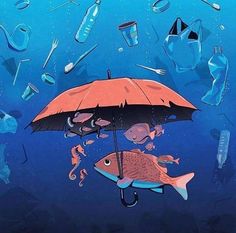 two fish under an umbrella surrounded by plastic bottles and other items floating in the water