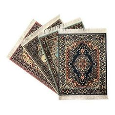 four persian rugs with different colors and designs on the sides, one is blue