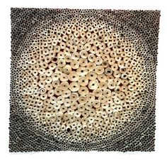 an abstract painting made out of circles and holes in the center, on a white background